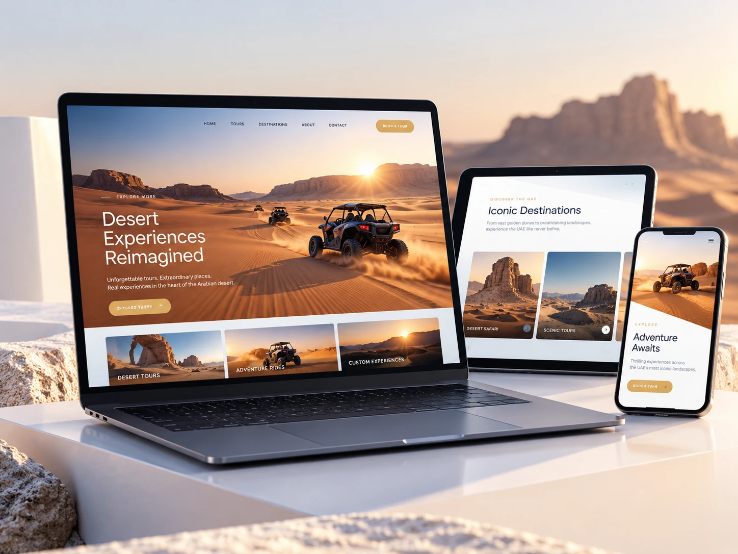 Responsive desert tourism website presented across laptop, tablet and mobile displays