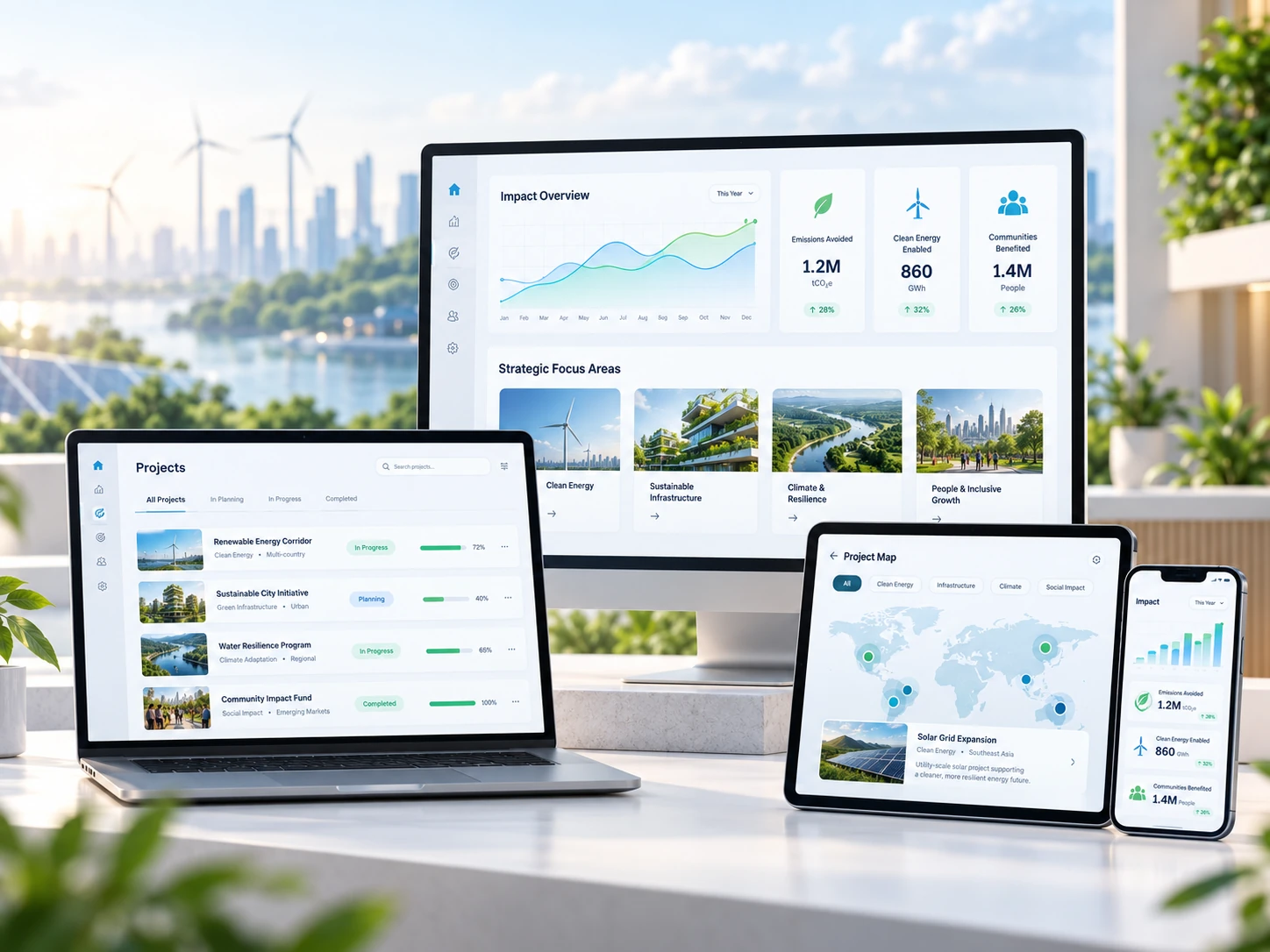 Responsive sustainability advisory digital experience presented across desktop, laptop, tablet and mobile displays